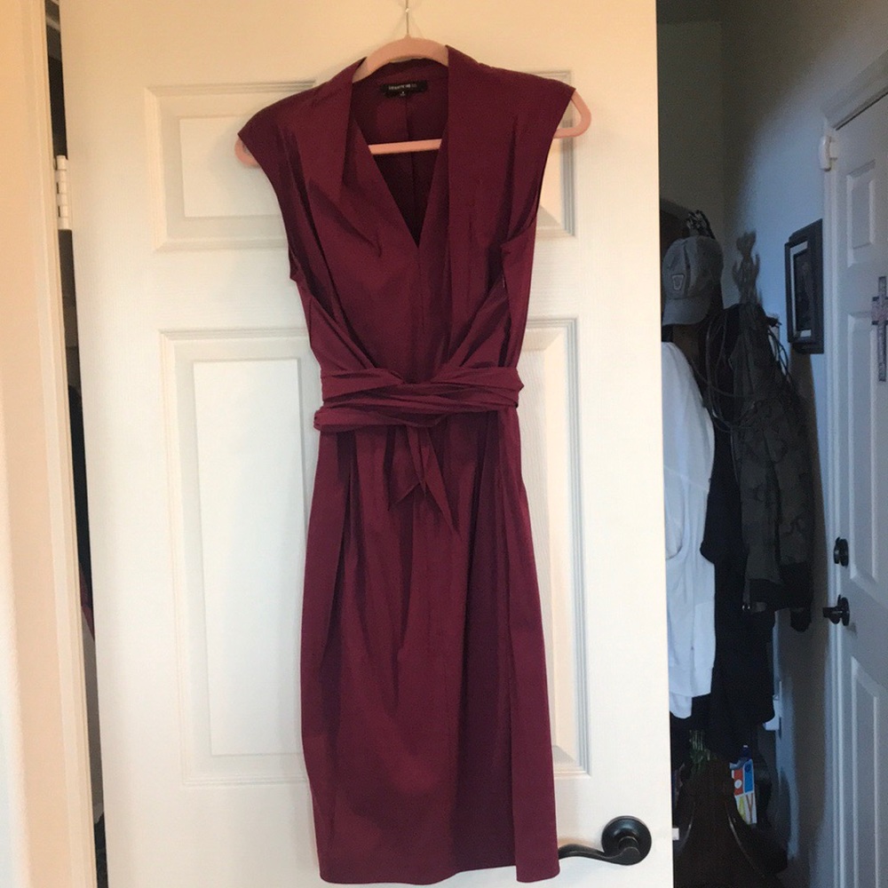 Maroon flattering wrap obj belt dress.